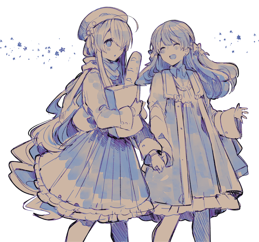2girls :d ^_^ ahoge bag baguette bangs beret blush bow bread closed_eyes coat collared_shirt dress dress_shirt food frilled_dress frills hair_bow hair_over_one_eye hat ikeuchi_tanuma long_hair long_sleeves monochrome multiple_girls object_hug open_clothes open_coat open_mouth original paper_bag pleated_dress scarf shirt simple_background smile star very_long_hair white_background wide_sleeves