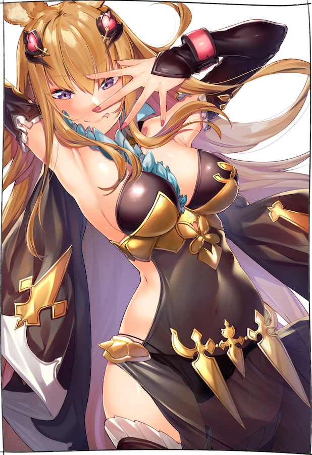 1girl armpits arms_up bangs breasts brown_eyes brown_hair elbow_gloves erune fingerless_gloves gloves granblue_fantasy hair_ornament hand_up kei_(soundcross) leotard long_hair looking_at_viewer metera_(granblue_fantasy) mole mole_under_mouth open_hand sideboob simple_background solo tongue tongue_out