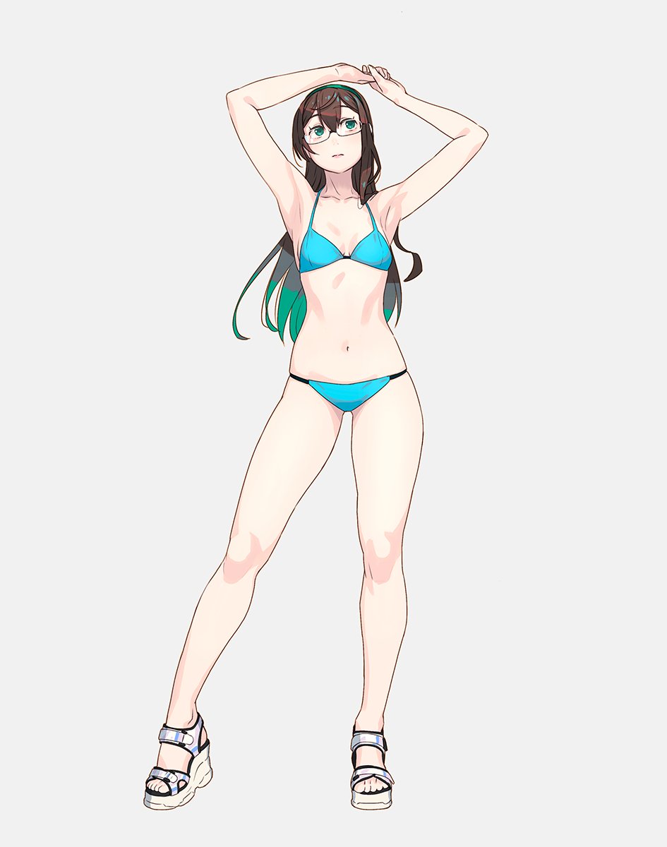 1girl arms_up bangs bikini black_hair blue_bikini blue_eyes blush breasts closed_mouth eyebrows_visible_through_hair full_body glasses grey_background hairband high_heels highres kantai_collection lips long_hair ooyodo_(kantai_collection) sandals simple_background small_breasts solo standing swimsuit white_footwear yuuji_(and)