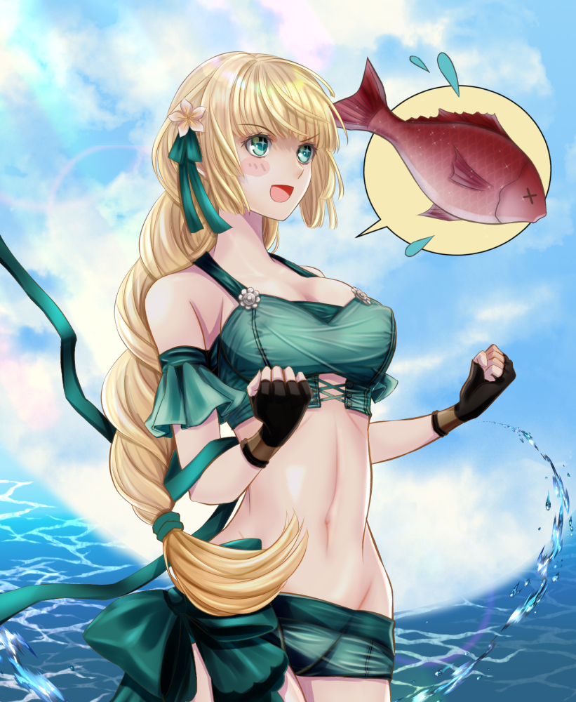 1girl :d bangs bare_shoulders bikini black_gloves blonde_hair blue_sky blush_stickers breasts clouds commentary_request cowboy_shot day eyebrows_visible_through_hair fingerless_gloves fire_emblem fire_emblem:_three_houses fire_emblem_heroes fish flower gloves green_bikini green_eyes green_ribbon groin hair_flower hair_ornament hair_ribbon ingrid_brandl_galatea long_hair medium_breasts navel off-shoulder_bikini off_shoulder open_mouth outdoors ribbon sky smile solo standing stomach swimsuit ura_komaru water