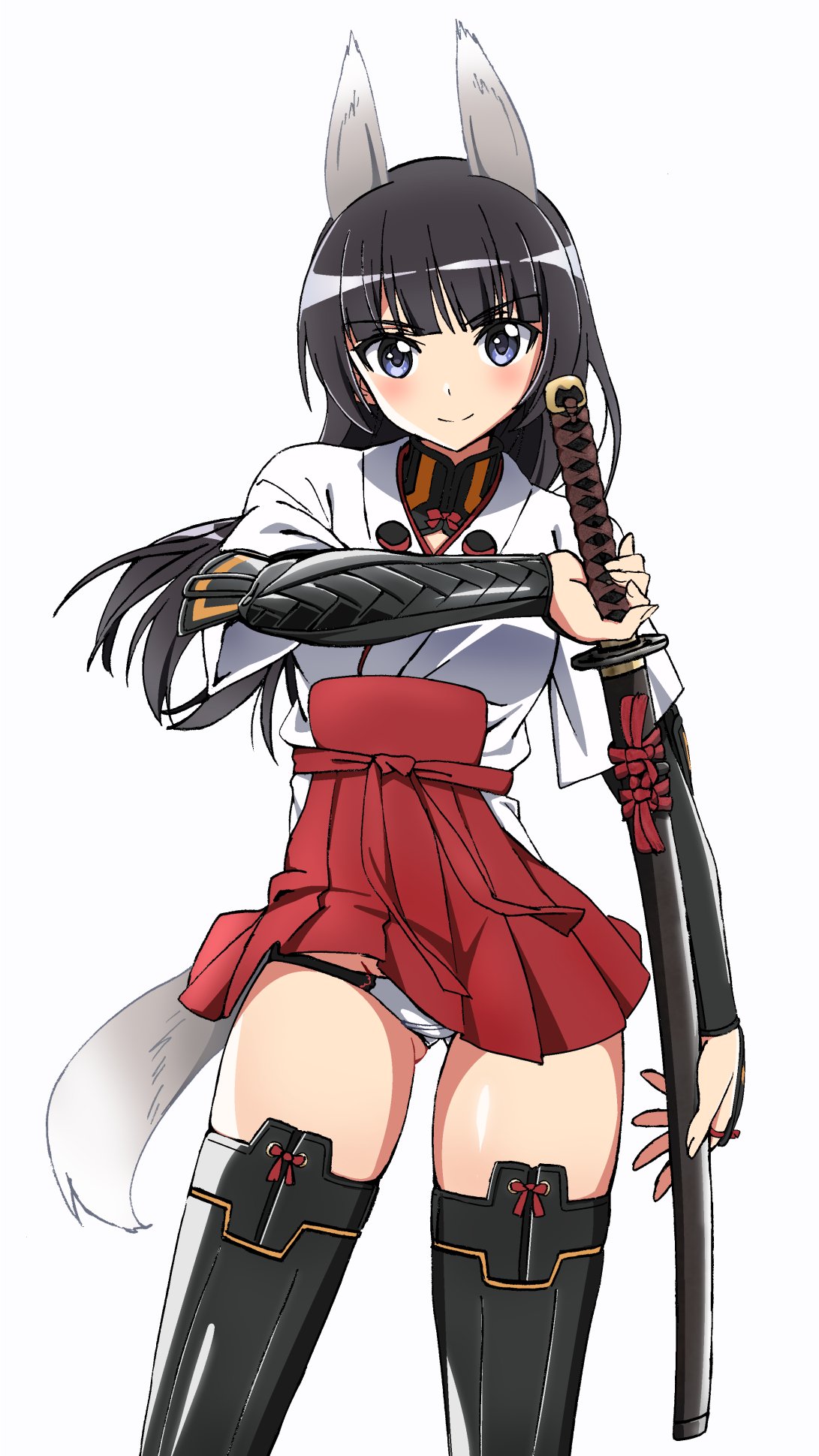 1girl anabuki_tomoko animal_ears bangs black_eyes black_footwear black_hair blunt_bangs boots closed_mouth commentary cowboy_shot crotch_seam eyebrows_visible_through_hair hakama hakama_skirt highres holding holding_sword holding_weapon japanese_clothes katana kogarashi51 long_hair long_sleeves looking_at_viewer miniskirt panties red_hakama shirt short_over_long_sleeves short_sleeves simple_background skirt smile solo standing sword tail thigh-highs thigh_boots underwear weapon white_background white_panties white_shirt wind wind_lift world_witches_series