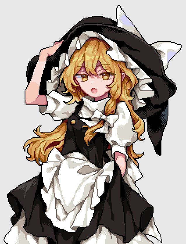 1girl :o apron blonde_hair braid dress grey_background hat jitome kirisame_marisa long_hair looking_at_viewer pinafore_dress pixel_art puffy_short_sleeves puffy_sleeves risui_(suzu_rks) short_sleeves simple_background single_braid solo touhou two-tone_dress white_apron witch witch_hat