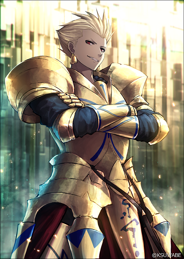 1boy armor artist_name blonde_hair earrings fate/grand_order fate/stay_night fate/strange_fake fate_(series) full_armor gilgamesh gold_armor jewelry kei-suwabe looking_at_viewer male_focus red_eyes short_hair solo