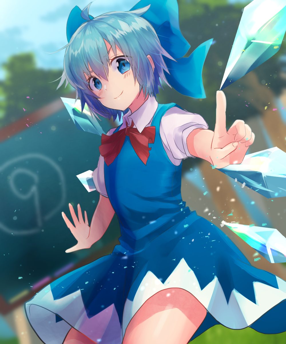 (9) 1girl bangs blouse blue_dress blue_eyes blue_hair blue_ribbon blush bow chalk chalkboard cirno dress dress_shirt eyebrows_visible_through_hair hair_bow highres ice ice_wings kokushoku looking_at_viewer red_bow red_ribbon ribbon shirt short_hair short_sleeves smug touhou white_blouse white_shirt wing_collar wings