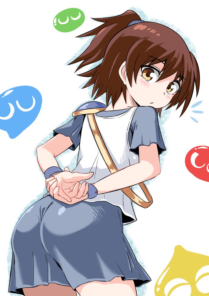 1girl arle_nadja ass blue_skirt blush brown_eyes brown_hair cougar1404 looking_at_viewer madou_monogatari puyopuyo short_hair skirt solo