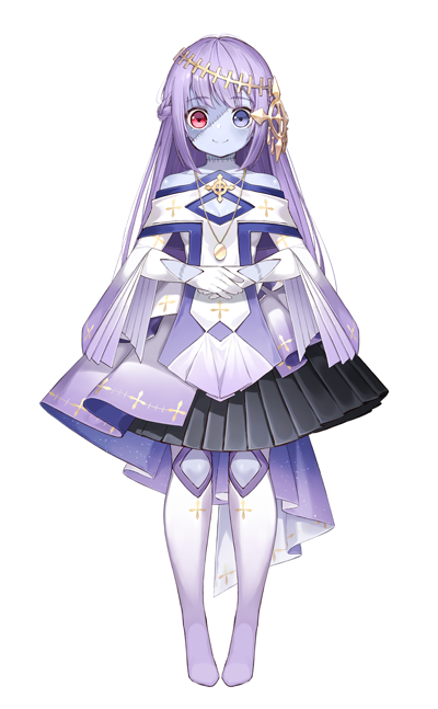 1girl bare_shoulders black_skirt blue_eyes blue_skin blush closed_mouth collarbone full_body hair_ornament hell-sama heterochromia ice_cream_mad_labo long_hair long_sleeves looking_at_viewer official_art pleated_skirt purple_hair red_eyes ryota_(ry_o_ta) shirt skirt smile solo stitches tachi-e very_long_hair virtual_youtuber white_legwear white_shirt zombie