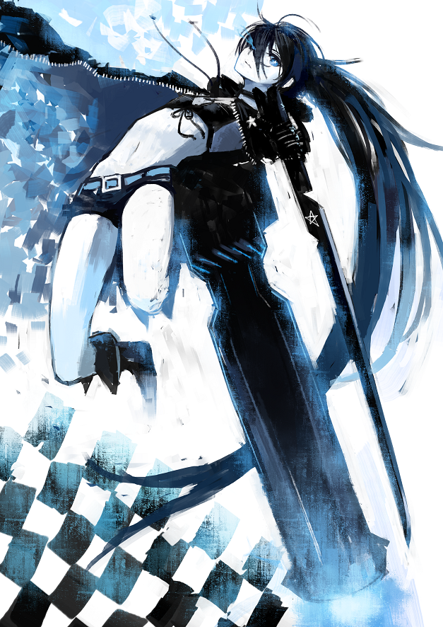 1girl arm_cannon bikini_top black_hair black_rock_shooter black_rock_shooter_(character) blue_eyes boots checkered coat drawstring flaming_eye full_body gloves hair_over_one_eye holding holding_sword holding_weapon huge_weapon jumping katana long_hair looking_at_viewer midriff navel pale_skin shorts solo stomach sword weapon window1228