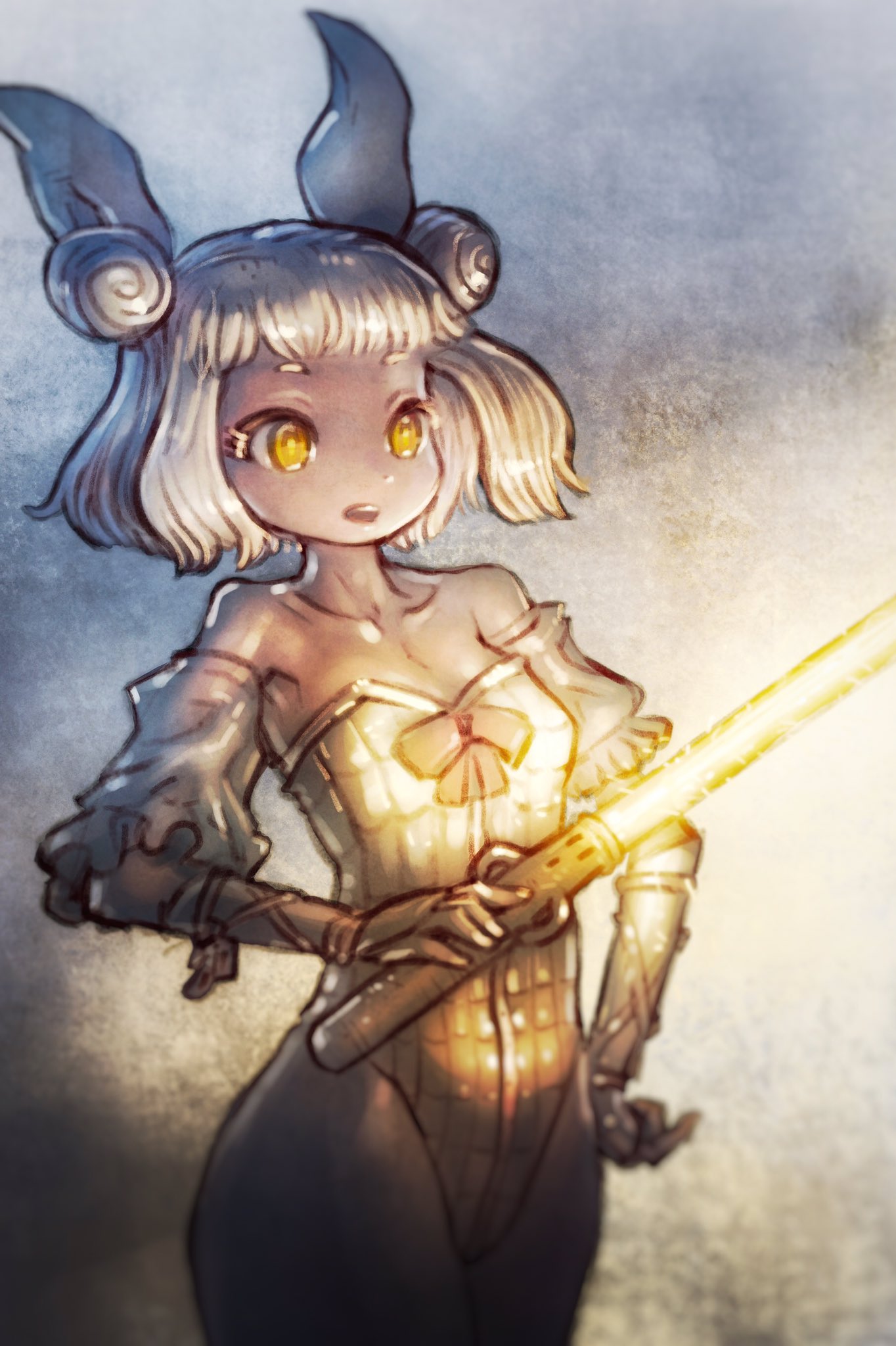 1girl bare_shoulders blonde_hair breasts collarbone commentary_request cowboy_shot detached_sleeves double_bun energy_sword hair_ribbon hand_on_hip highres holding joutouguu_mayumi leotard lightsaber ribbon short_hair small_breasts solo sword touhou vambraces weapon white_ribbon yellow_eyes yellow_leotard yst