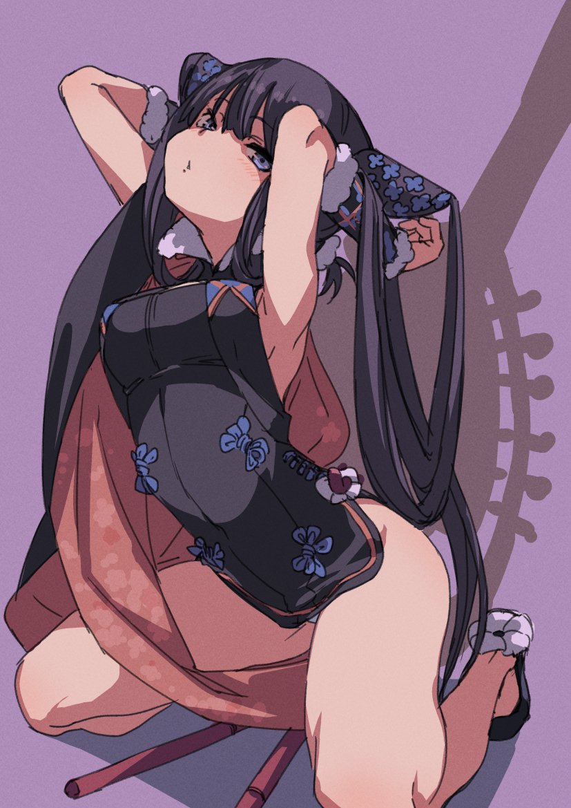 1girl arms_behind_head bangs black_hair blue_eyes blunt_bangs breasts character_request copyright_request fu-ta hair_between_eyes kneeling long_hair medium_breasts parted_lips purple_background simple_background solo tagme very_long_hair