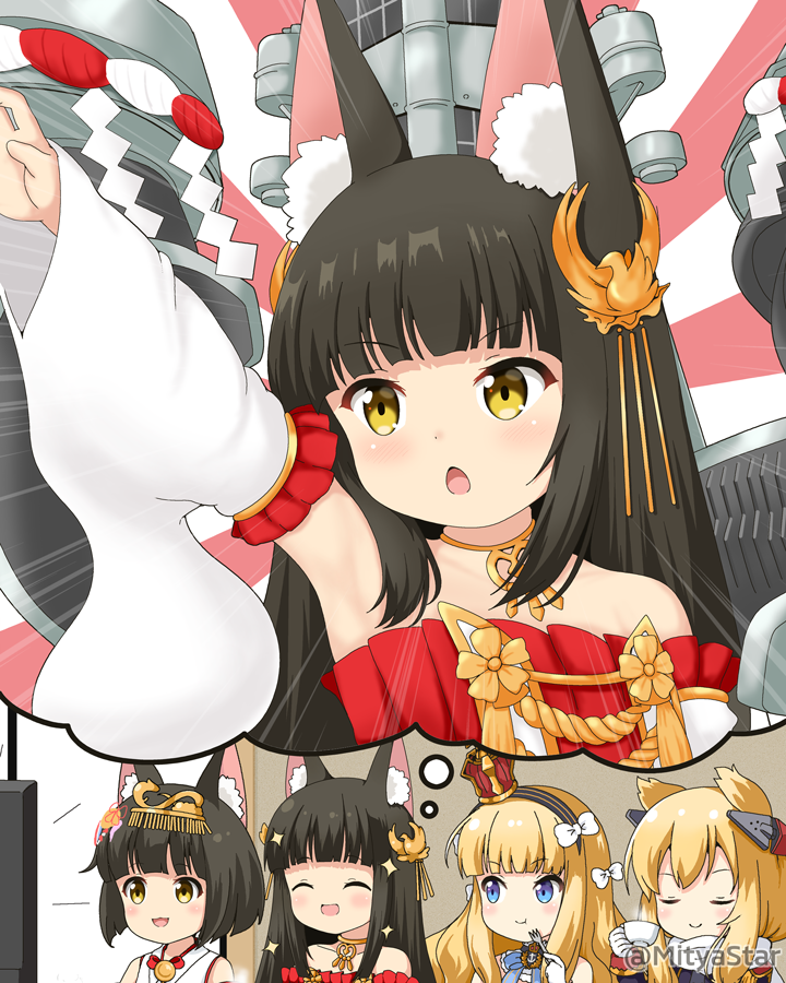 4girls :d ^_^ animal_ear_fluff animal_ears azur_lane bangs bare_shoulders black_hair black_hairband blonde_hair blue_eyes blush bow closed_eyes commentary_request crown cup detached_sleeves dress emphasis_lines eyebrows_visible_through_hair flat_screen_tv fork fox_ears gloves hair_bow hair_ears hair_ornament hairband headgear headpiece holding holding_cup holding_fork japanese_clothes kimono long_hair long_sleeves machinery miicha mini_crown multiple_girls mutsu_(azur_lane) nagato_(azur_lane) open_mouth outstretched_arm queen_elizabeth_(azur_lane) red_dress short_hair sleeveless sleeveless_kimono smile sparkle steam strapless strapless_dress striped striped_hairband sunburst sunburst_background television thought_bubble tilted_headwear twitter_username v-shaped_eyebrows warspite_(azur_lane) white_bow white_gloves white_kimono white_sleeves wide_sleeves yellow_eyes
