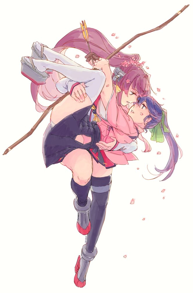 2girls arrow asymmetrical_legwear black_legwear blue_eyes blue_hair blue_hakama bow bow_(weapon) brown_hair carrying cherry_blossoms commentary detached_sleeves eye_contact flower geta gloves green_bow hair_bow hair_flower hair_ornament hakama headgear hip_vent holding holding_arrow holding_bow_(weapon) holding_weapon houshou_(kantai_collection) japanese_clothes kantai_collection kimono kneehighs long_hair long_sleeves looking_at_another miniskirt multiple_girls parted_lips partly_fingerless_gloves petals pink_kimono pleated_skirt ponytail princess_carry rudder_footwear simple_background single_kneehigh single_thighhigh skirt tasuki thigh-highs very_long_hair weapon weidashming white_background white_legwear yamato_(kantai_collection) yugake