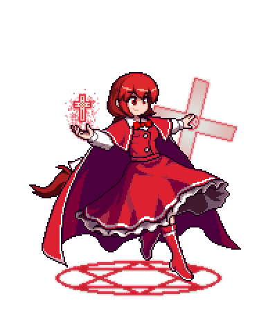 1girl antinomy_of_common_flowers boots bow bowtie buttons cape capelet commentary cross eyebrows_visible_through_hair frilled_skirt frills hands_up hexagram knee_boots long_hair long_sleeves lowres magic official_style okazaki_yumemi pixel_art red_bow red_eyes red_footwear red_neckwear red_skirt red_vest redhead ribbon shirt sidelocks skirt smile solo the_hammer_(pixiv30862105) touhou touhou_(pc-98) transparent_background very_long_hair vest white_shirt