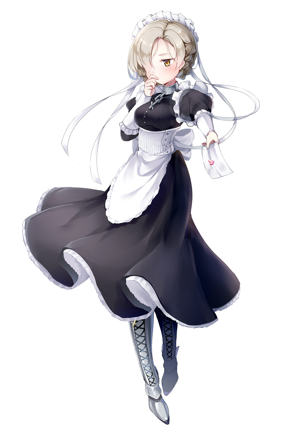 1girl apron azur_lane black_dress blonde_hair blush boots braid bustier chain collar confession cross cross-laced_footwear dress envelope french_braid hair_over_one_eye hair_ribbon hand_to_own_mouth hand_up highres inverted_cross jacknavy juliet_sleeves knee_boots long_sleeves looking_to_the_side maid maid_apron maid_headdress metal_boots metal_collar outstretched_arms puffy_sleeves ribbon sheffield_(azur_lane) simple_background solo white_background white_ribbon wrist_cuffs yellow_eyes