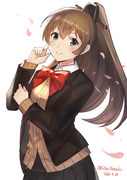 1girl bangs blazer blush bow bowtie brown_hair cherry_blossoms dated eyebrows_visible_through_hair green_eyes hair_ornament hairclip headgear jacket kantai_collection kumano_(kantai_collection) long_hair long_sleeves petals ponytail red_neckwear school_uniform shiozaki_zoe simple_background skirt smile solo twitter_username white_background