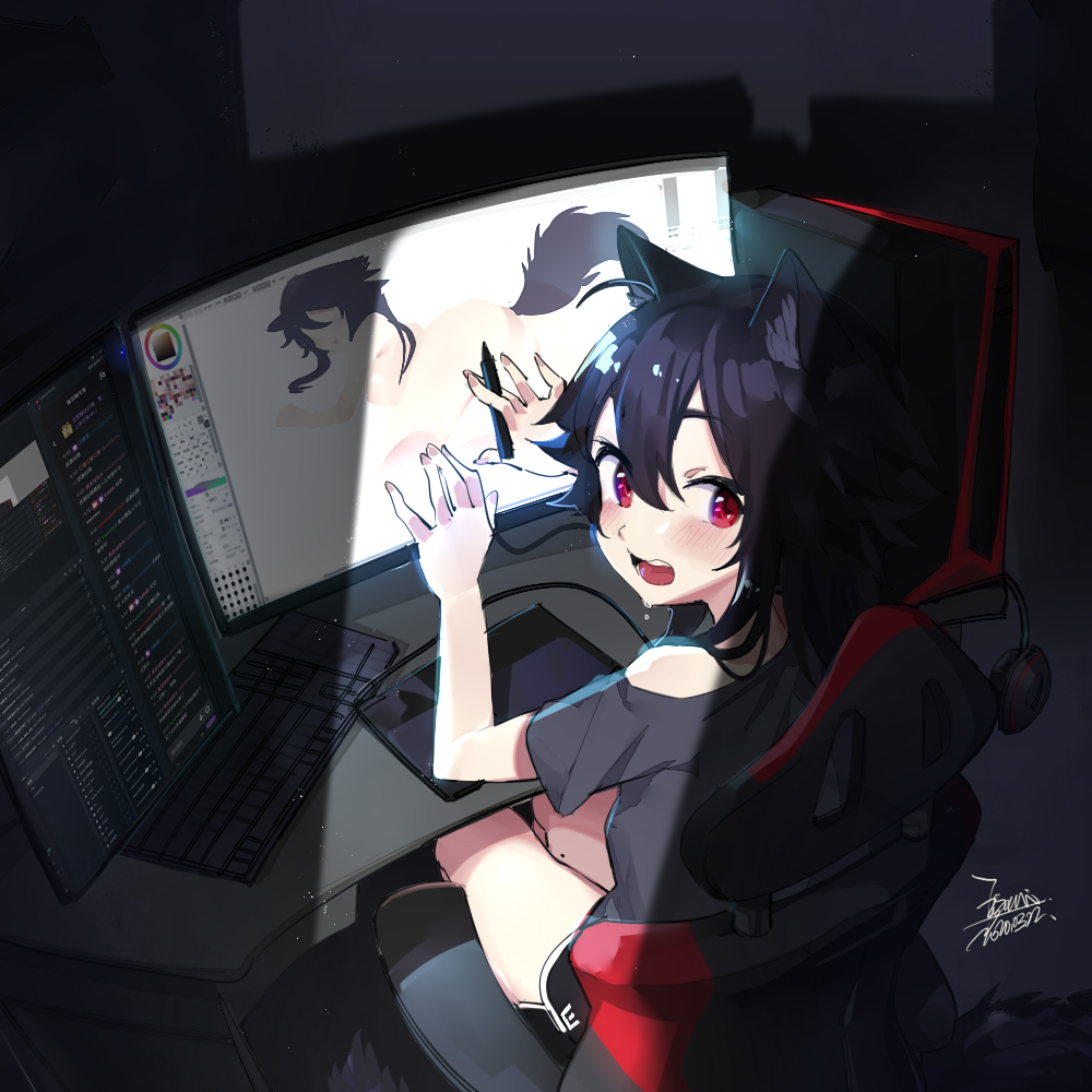1girl animal_ears bare_shoulders black_hair black_shirt black_shorts blush commentary_request ejami ekko_(ejami) fox_ears fox_girl fox_tail hair_between_eyes headset holding holding_pen indoors long_hair looking_at_viewer monitor open_mouth original pen red_eyes screen_light shirt short_shorts short_sleeves shorts signature sitting smile solo tail