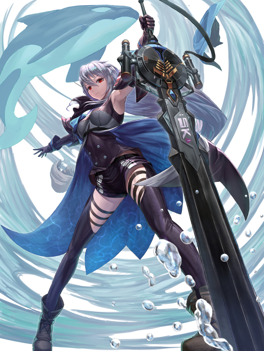 1girl arknights armpits black_footwear black_gloves black_legwear boots breasts closed_mouth commentary_request cross-laced_footwear gloves highres long_hair looking_at_viewer medium_breasts red_eyes saikoro_(et1312) silver_hair skadi_(arknights) solo standing sword thigh-highs very_long_hair weapon