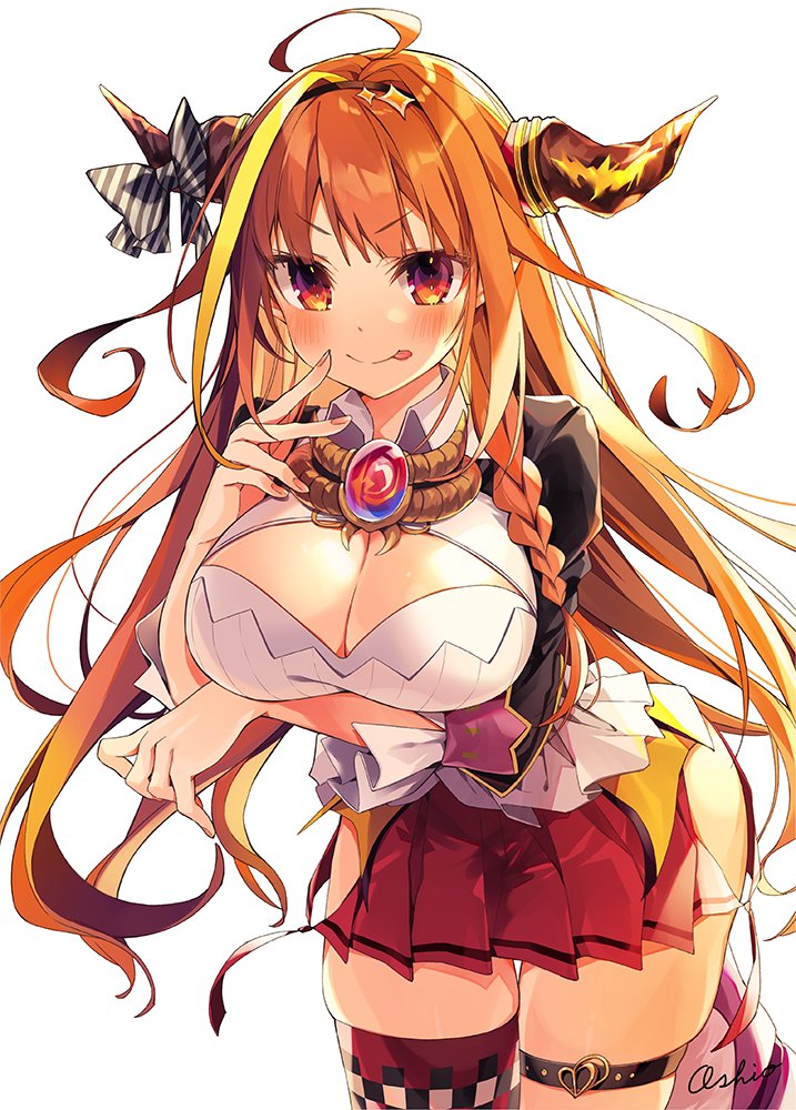 1girl :p blush braid breasts cleavage_cutout dragon_girl dragon_horns dragon_tail hip_vent hololive horns kiryuu_coco large_breasts long_hair looking_at_viewer orange_eyes orange_hair oshio_(dayo) pleated_skirt side_cutout skindentation skirt solo tail thick_thighs thighs tongue tongue_out very_long_hair