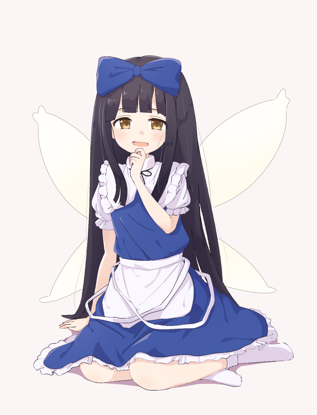 1girl apron arm_support bangs black_hair blue_dress capelet dress eyebrows_visible_through_hair fairy_wings hair_ribbon hand_on_own_chin highres kanpa_(campagne_9) lavender_background long_hair looking_at_viewer no_shoes open_mouth puffy_short_sleeves puffy_sleeves ribbon shirt short_sleeves sidelocks simple_background sitting smile socks solo star_sapphire touhou very_long_hair waist_apron white_capelet white_legwear white_shirt wings yellow_eyes yokozuwari