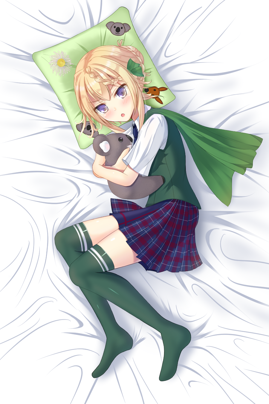 1girl 1other bed blonde_hair blue_neckwear blue_skirt braid braided_bangs braided_bun cape commentary_request dress_shirt from_above green_cape green_legwear green_vest highres kangaroo kantai_collection koala lying necktie on_side perth_(kantai_collection) pillow plaid plaid_skirt pleated_skirt school_uniform sei_kousen shirt short_hair short_sleeves skirt thigh-highs vest white_shirt