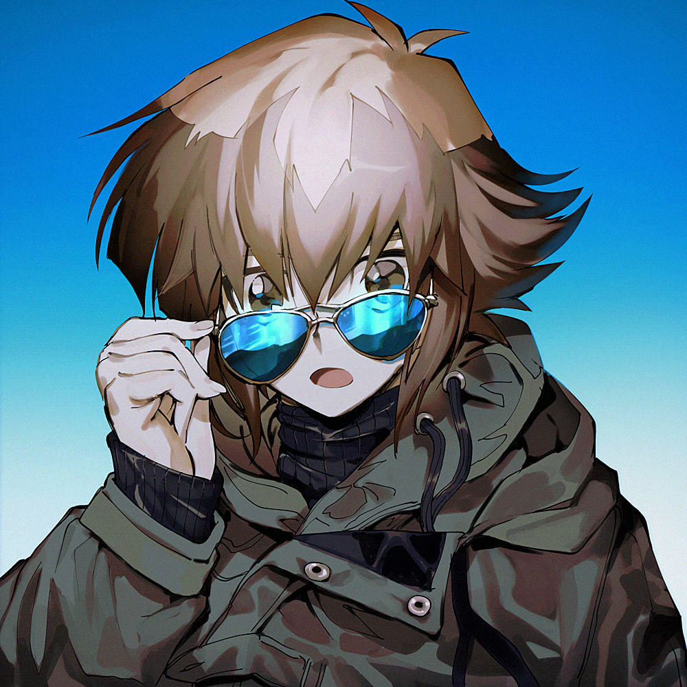 1boy aoki_(fumomo) bangs black_sweater blue-framed_eyewear blue_background brown_eyes brown_hair coat gradient gradient_background green_coat hair_between_eyes hood hood_down hooded_coat looking_at_viewer looking_over_eyewear male_focus multicolored_hair ribbed_sweater short_hair solo sunglasses sweater turtleneck turtleneck_sweater two-tone_hair white_background yuu-gi-ou yuu-gi-ou_gx yuuki_juudai