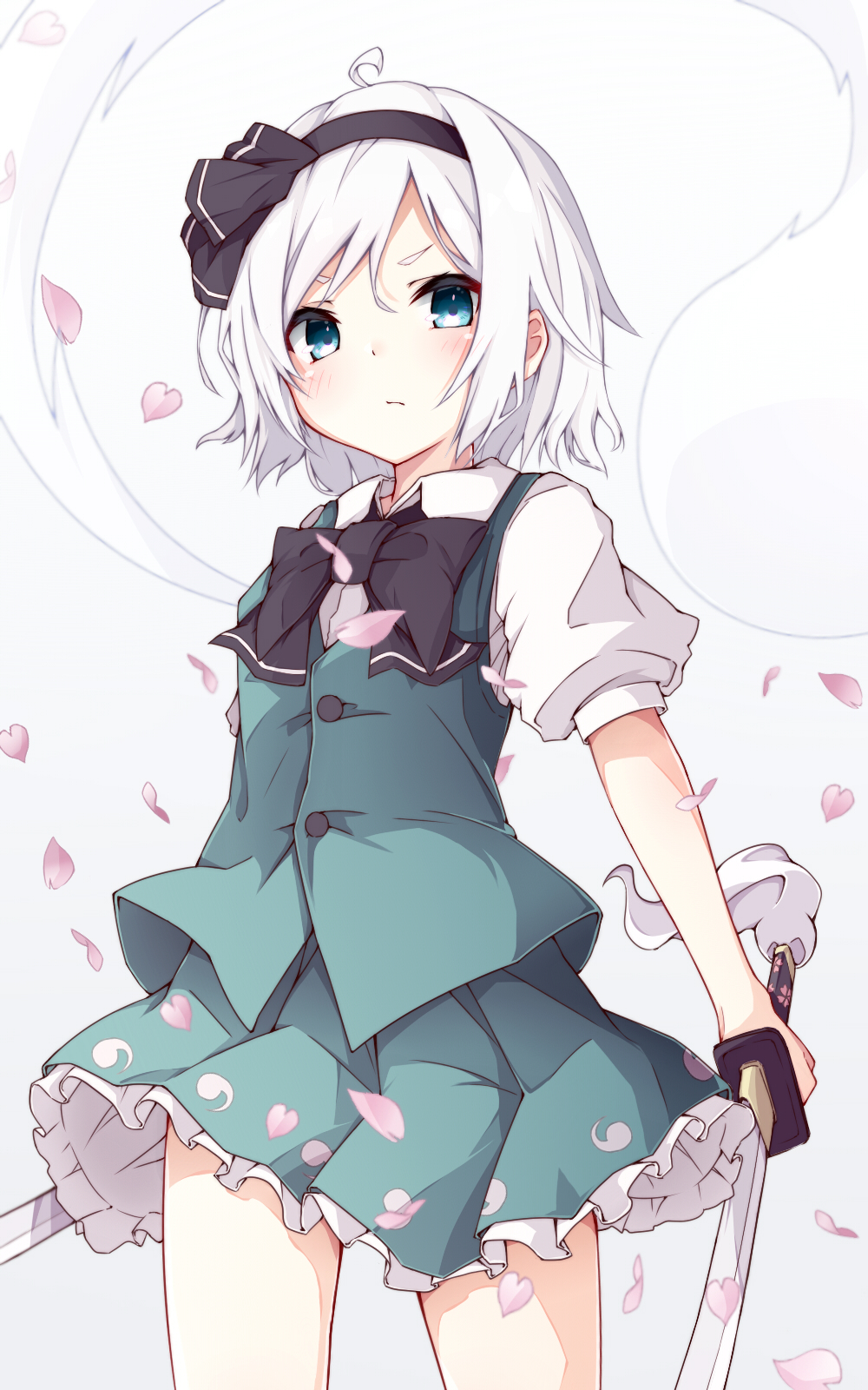 1girl ahoge black_hairband black_neckwear black_ribbon blue_eyes bow bowtie buttons cherry_blossoms closed_mouth cowboy_shot dual_wielding green_skirt green_vest grey_background hair_ribbon hairband highres holding holding_sword holding_weapon konpaku_youmu konpaku_youmu_(ghost) miniskirt nankotsu puffy_short_sleeves puffy_sleeves ribbon shirt short_hair short_sleeves skirt solo sword tassel touhou vest weapon white_hair white_shirt