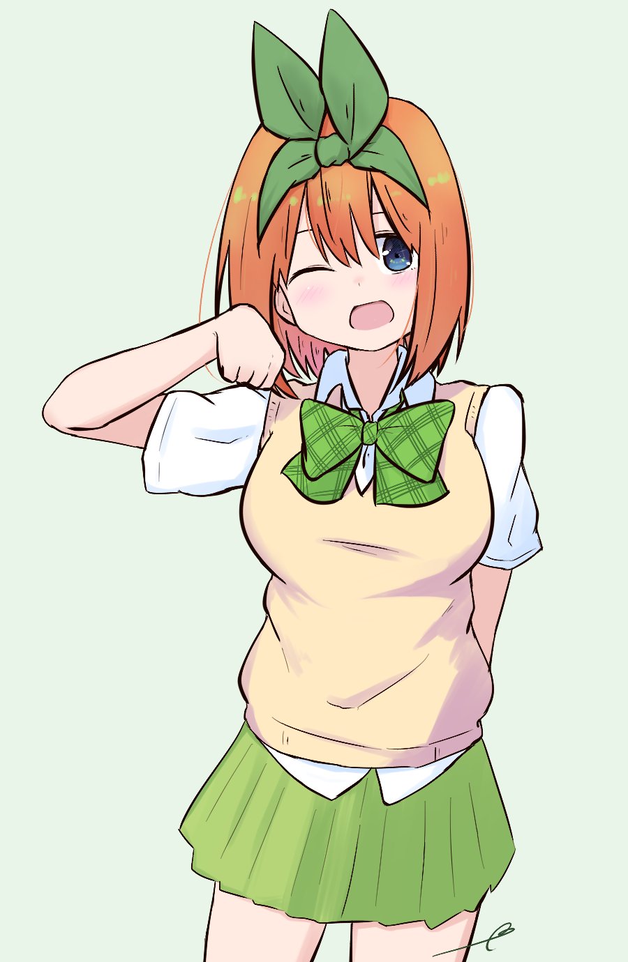 1girl ;d bangs blue_eyes blush bow breasts collared_shirt commentary_request cowboy_shot eyebrows_behind_hair go-toubun_no_hanayome green_background green_bow green_ribbon green_skirt hair_between_eyes hair_ribbon hand_up highres kujou_karasuma looking_at_viewer medium_breasts nakano_yotsuba one_eye_closed open_mouth orange_hair pleated_skirt ribbon shirt short_sleeves signature simple_background skirt smile solo sweater_vest white_shirt