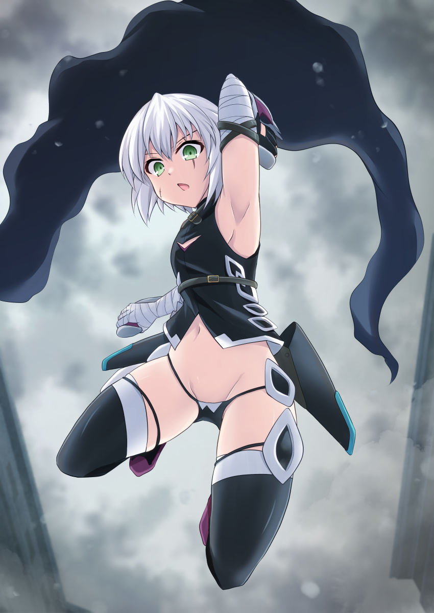 1girl arm_up armpits bandaged_arm bandages bangs black_panties cross_(crossryou) dagger dual_wielding facial_scar fate/grand_order fate_(series) green_eyes highres holding jack_the_ripper_(fate/apocrypha) looking_at_viewer lowleg lowleg_panties navel open_mouth panties scar scar_across_eye scar_on_cheek solo thigh-highs underwear weapon white_hair