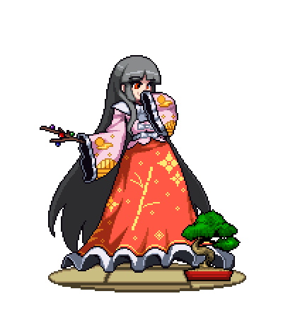 1girl absurdly_long_hair antinomy_of_common_flowers black_hair bonsai bow branch closed_mouth collared_shirt covering_mouth eyebrows_visible_through_hair floral_print frilled_skirt frilled_sleeves frills full_body hime_cut houraisan_kaguya japanese_clothes jeweled_branch_of_hourai long_hair long_skirt lowres moon_print official_style pink_shirt pixel_art plant potted_plant red_eyes red_skirt sash shirt sidelocks skirt slee sleeves_past_wrists smile solo star the_hammer_(pixiv30862105) touhou transparent_background very_long_hair very_long_sleeves white_bow wide_sleeves