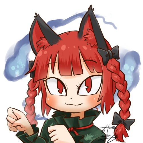 1girl :3 animal_ears avatar_icon black_bow black_ribbon bow braid cat_ears chamaji commentary_request dress eyebrows_visible_through_hair frilled_dress frills green_dress hair_bow hitodama kaenbyou_rin long_hair long_sleeves looking_at_viewer lowres nekomata partial_commentary paw_pose red_eyes redhead ribbon signature solo touhou twin_braids white_background