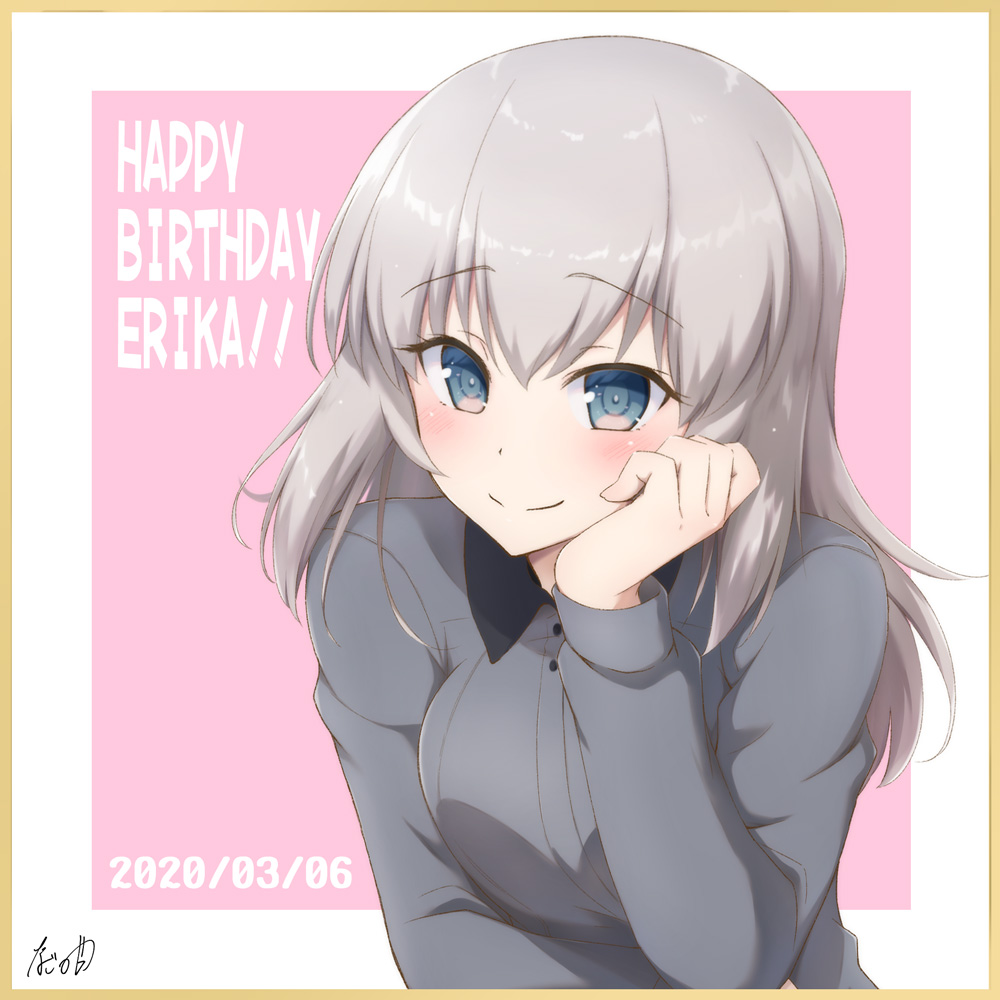 1girl artist_name bangs blue_eyes border character_name chin_rest closed_mouth commentary dated dress_shirt elbow_rest english_text eyebrows_visible_through_hair girls_und_panzer grey_shirt happy_birthday itsumi_erika kuromorimine_school_uniform long_sleeves looking_at_viewer medium_hair nagomiya_(shousha) pink_background school_uniform shirt signature silver_hair smile solo yellow_border