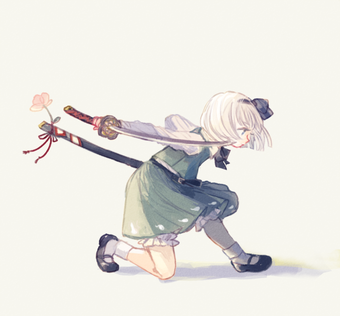 1girl black_footwear black_hair black_ribbon blue_eyes flower from_side full_body green_skirt green_vest hair_ribbon holding holding_sword holding_weapon katana konpaku_youmu long_sleeves mary_janes one_knee ribbon shirt shoes short_hair skirt socks solo sword touhou vest weapon white_background white_hair white_legwear white_shirt yujup