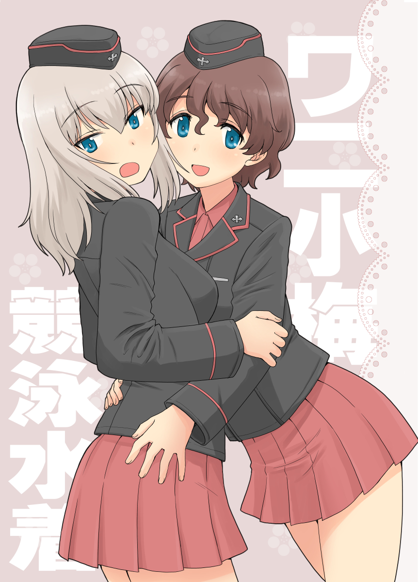 2girls akaboshi_koume bangs black_headwear black_jacket blue_eyes brown_hair closed_mouth commentary_request cover cover_page doily doujin_cover dress_shirt eyebrows_visible_through_hair from_side garrison_cap girls_und_panzer grey_background hat highres hug insignia itsumi_erika jacket kuromorimine_military_uniform long_sleeves looking_at_viewer looking_back medium_hair military military_hat military_uniform miniskirt multiple_girls open_mouth outline pleated_skirt red_shirt red_skirt shirt short_hair silver_hair skirt smile standing translation_request uniform uona_telepin wavy_hair white_outline wing_collar yuri