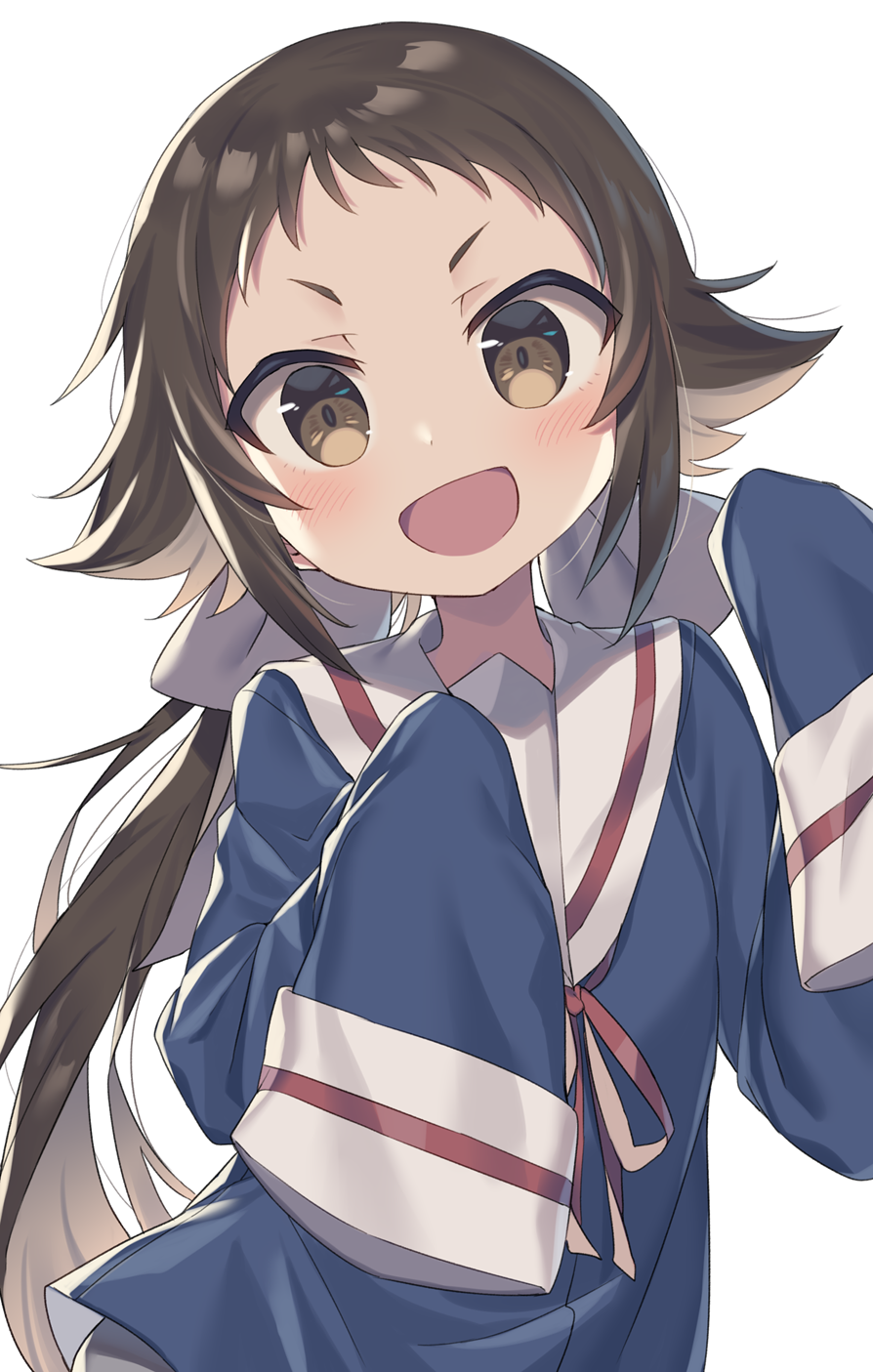 1girl :d blue_shirt blush bow brown_eyes brown_hair commentary_request forehead hair_bow hair_flaps highres long_hair long_sleeves looking_at_viewer low_ponytail mikakunin_de_shinkoukei mitsumine_mashiro neck_ribbon open_mouth ponytail red_ribbon ribbon sailor_collar school_uniform serafuku shirt simple_background sleeves_past_fingers sleeves_past_wrists smile solo upper_body v-shaped_eyebrows very_long_hair wagashi928 white_background white_bow white_sailor_collar