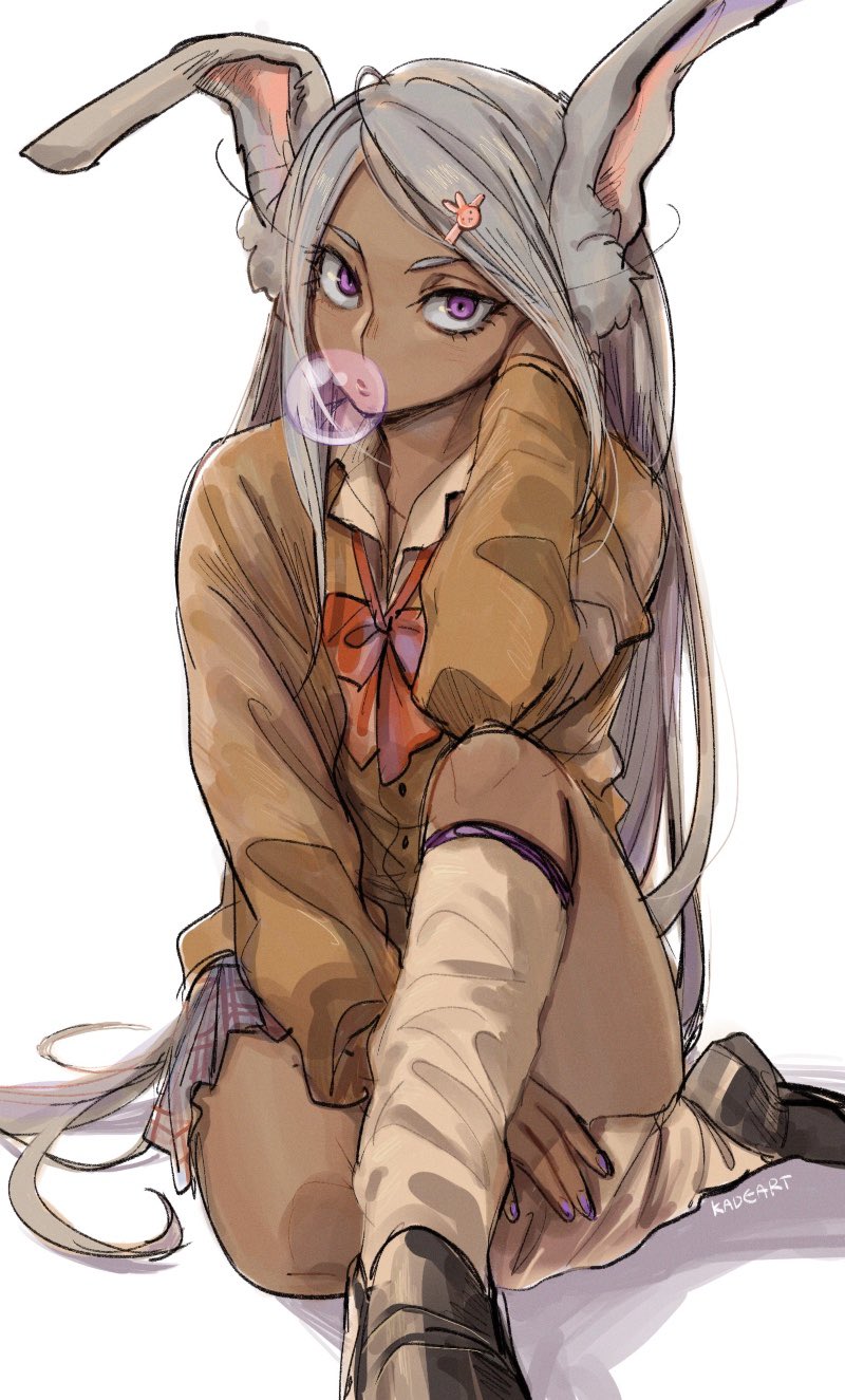 1girl animal_ears bow bowtie bubble_blowing bunny_girl chewing_gum collared_shirt grey_hair gyaru hair_ornament hairclip highres jacket kadeart kneehighs loafers long_hair looking_at_viewer loose_bowtie loose_socks original plaid plaid_skirt purple_nails rabbit_ears shirt shoes signature simple_background sitting skirt solo tan very_long_hair violet_eyes white_background