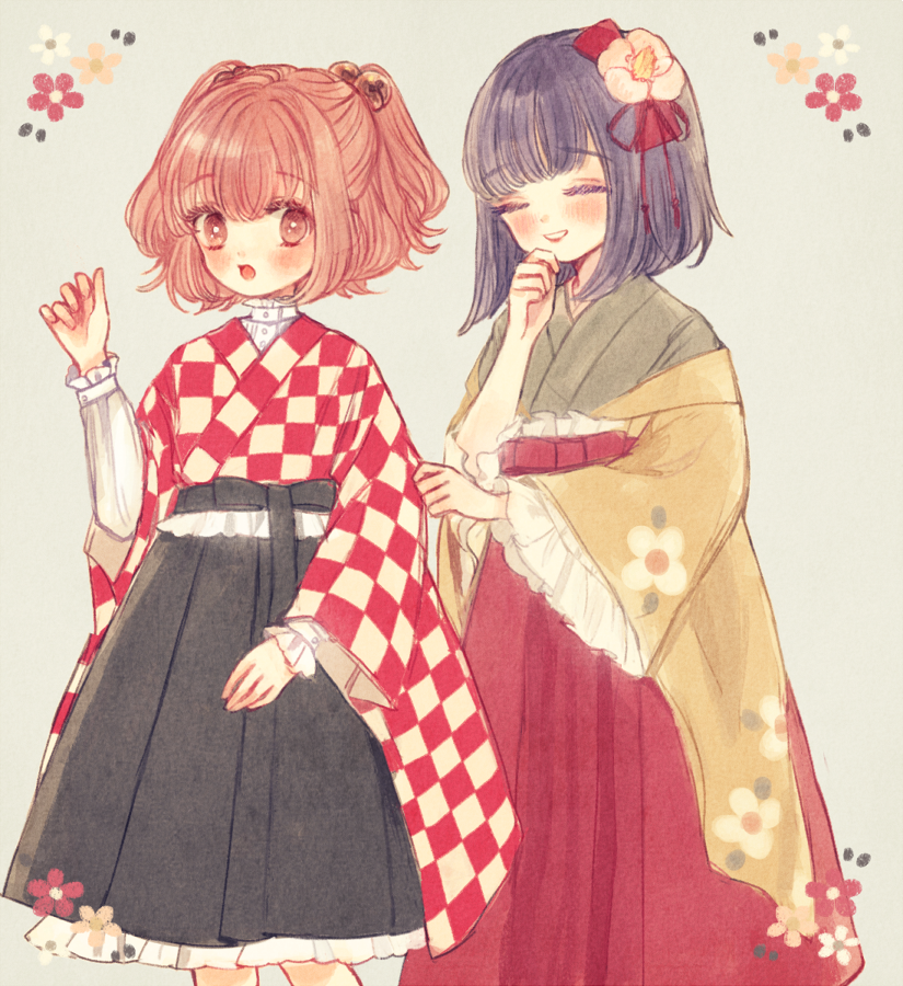 2girls bell black_skirt blush brown_eyes brown_hair checkered checkered_kimono closed_eyes cowboy_shot flower frilled_sleeves frills green_kimono grin hair_bell hair_flower hair_ornament hand_to_own_mouth hand_up hieda_no_akyuu japanese_clothes kimono long_sleeves motoori_kosuzu multiple_girls open_mouth purple_hair red_skirt short_hair skirt sleeve_tug smile touhou two_side_up wide_sleeves yujup