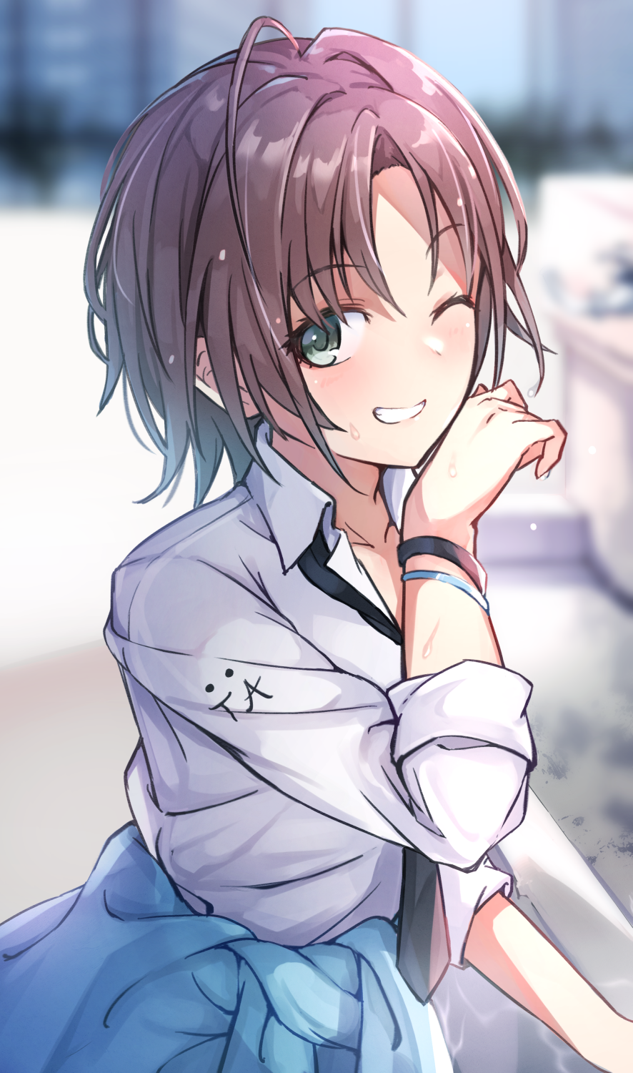 1girl ahoge alisia0812 asakura_tooru bangs black_neckwear blurry blurry_background blush brown_hair clothes_around_waist depth_of_field green_eyes grin hair_between_eyes hand_on_own_chin hand_up highres idolmaster idolmaster_shiny_colors long_sleeves looking_at_viewer necktie outdoors parted_bangs shirt short_hair smile sweat teeth upper_body white_shirt wristband