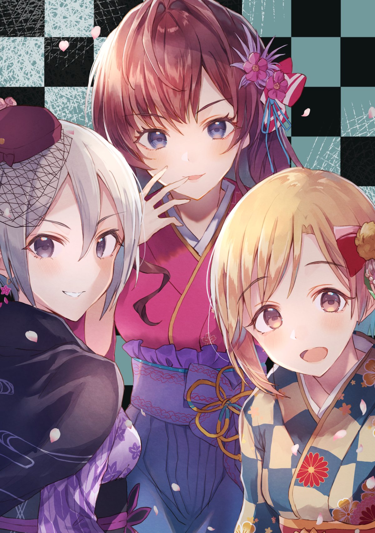 3girls aiba_yumi blonde_hair blush breasts brown_eyes brown_hair checkered checkered_background eyebrows_visible_through_hair flower grey_eyes grey_hair grin hair_flower hair_ornament highres ichinose_shiki idolmaster idolmaster_cinderella_girls kuzaki_luta long_hair looking_at_viewer medium_breasts multiple_girls open_mouth parted_lips shiomi_shuuko short_hair simple_background smile teeth violet_eyes