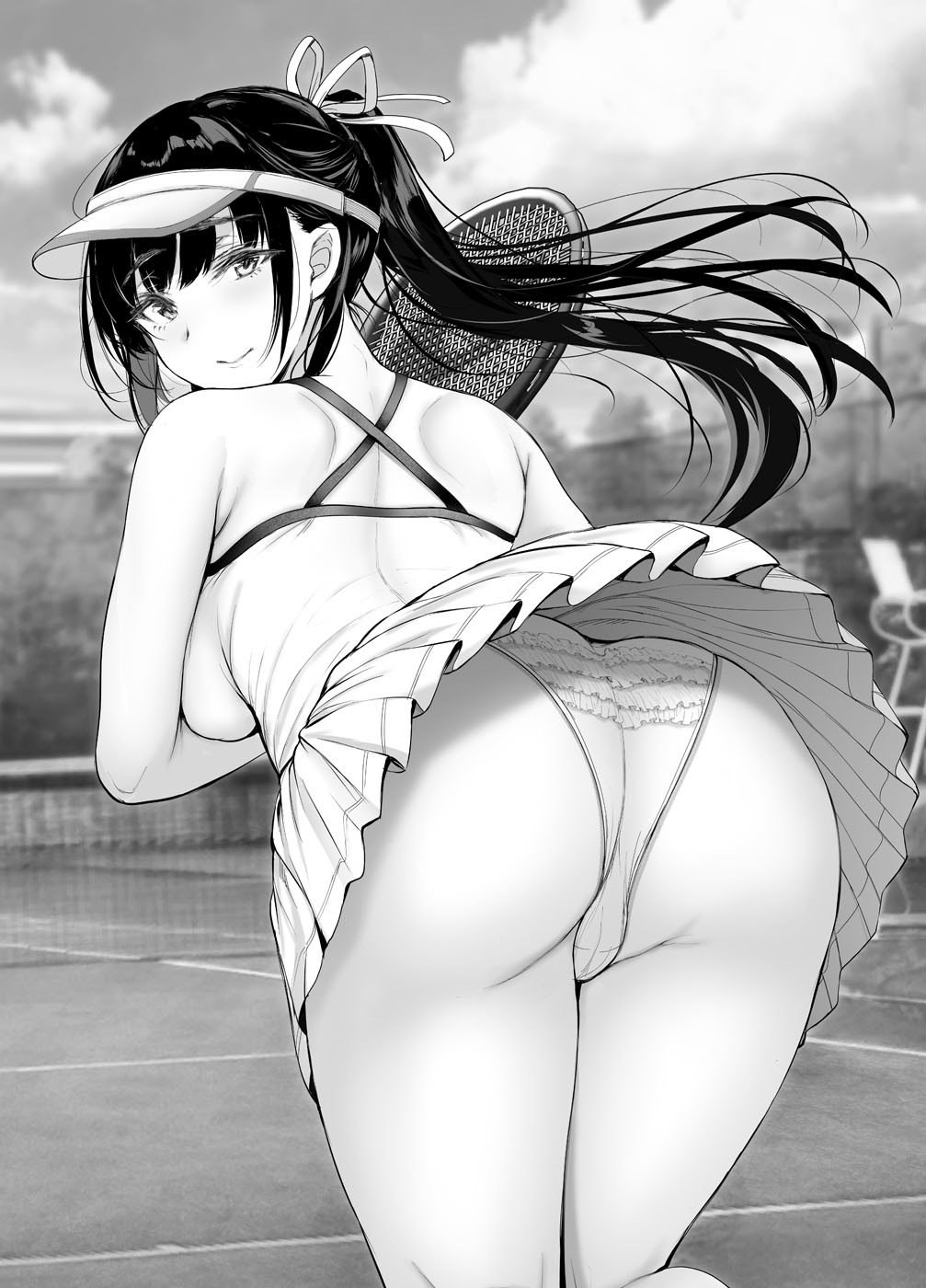 1girl ass back bangs blush breasts eyebrows_visible_through_hair frills gentsuki greyscale highres long_hair looking_at_viewer monochrome original outdoors panties pleated_skirt ponytail racket skirt smile solo sportswear tennis_court tennis_net tennis_racket tennis_uniform underwear visor_cap