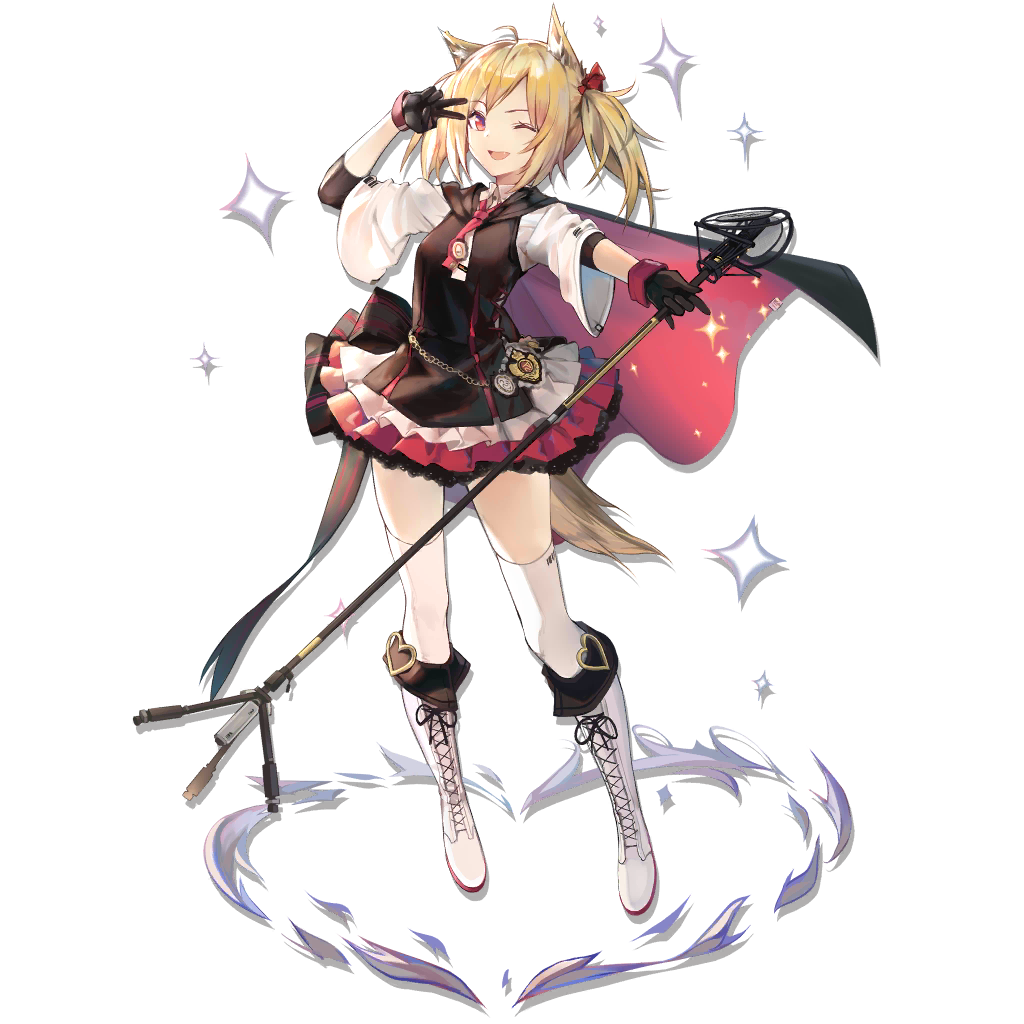 1girl ;d animal_ear_fluff animal_ears arknights arm_up bangs black_gloves black_vest blonde_hair boots cross-laced_footwear full_body gloves hair_ribbon holding huanxiang_heitu knee_boots lace-up_boots long_sleeves looking_at_viewer microphone_stand miniskirt necktie official_art one_eye_closed open_mouth pleated_skirt red_eyes red_neckwear red_ribbon red_skirt ribbon shirt short_hair skirt smile solo sora_(arknights) sparkle standing thigh-highs transparent_background twintails v vest white_footwear white_legwear white_shirt wide_sleeves wolf_ears zettai_ryouiki