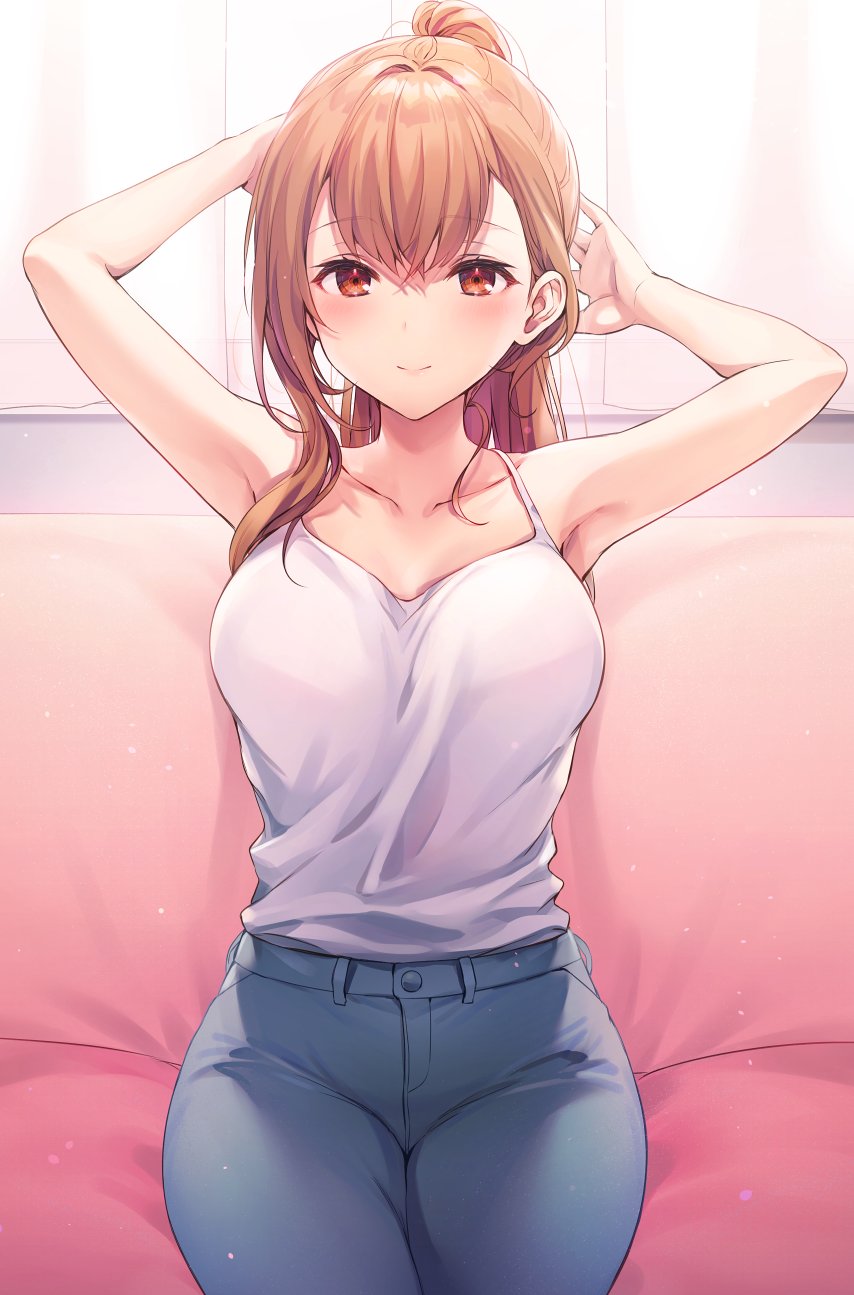 1girl armpits arms_up bare_arms bare_shoulders breasts camisole collarbone commentary_request couch denim highres kinjo_no_nanako-san komeshiro_kasu large_breasts long_hair looking_at_viewer nanako-san on_couch orange_hair pants ponytail red_eyes shirt shirt_tucked_in sitting sleeveless sleeveless_shirt smile solo spaghetti_strap white_shirt window