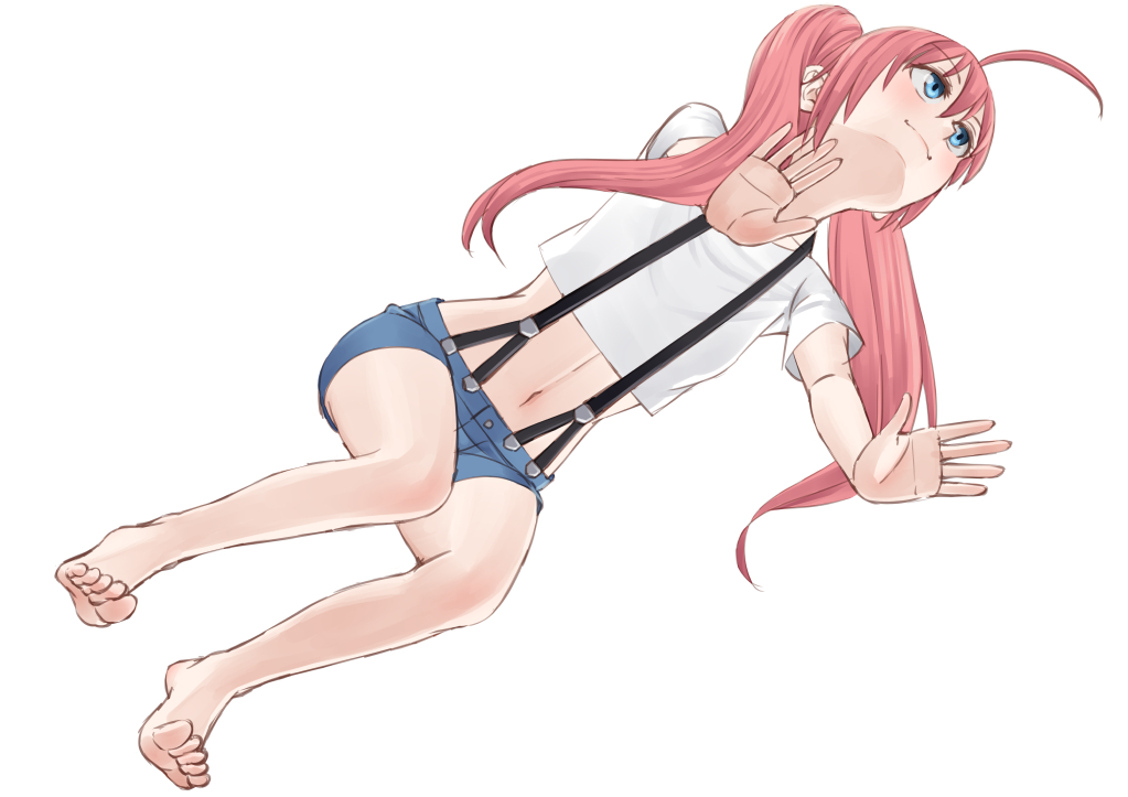 1girl ahoge all_fours barefoot blue_eyes commentary_request easy_(aqk7bdqt) from_below full_body hair_between_eyes huge_ahoge midriff milim_nava navel pink_hair simple_background smile solo suspenders tensei_shitara_slime_datta_ken twintails white_background