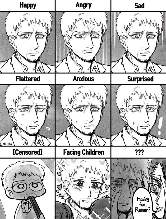 ?? bandage_over_one_eye black_hair blonde_hair eren_yeager expression_chart expressionless expressions facial_hair greyscale gun long_hair monochrome nelldya parody reiner_braun scared shingeki_no_kyojin shirt short_hair shotgun weapon