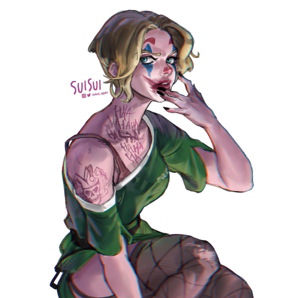 1girl artist_name black_nails blonde_hair body_writing bra_strap breasts commentary cosplay dc_comics dress english_commentary facepaint fishnet_legwear fishnets garter_straps green_dress green_eyes iq_(rainbow_six_siege) joker_(2019) lips lipstick looking_at_viewer makeup medium_breasts nose off_shoulder rainbow_six_siege short_hair short_sleeves shoulder_tattoo smeared_lipstick solo suisui_again tattoo the_joker the_joker_(cosplay) thigh-highs twitter_username white_background