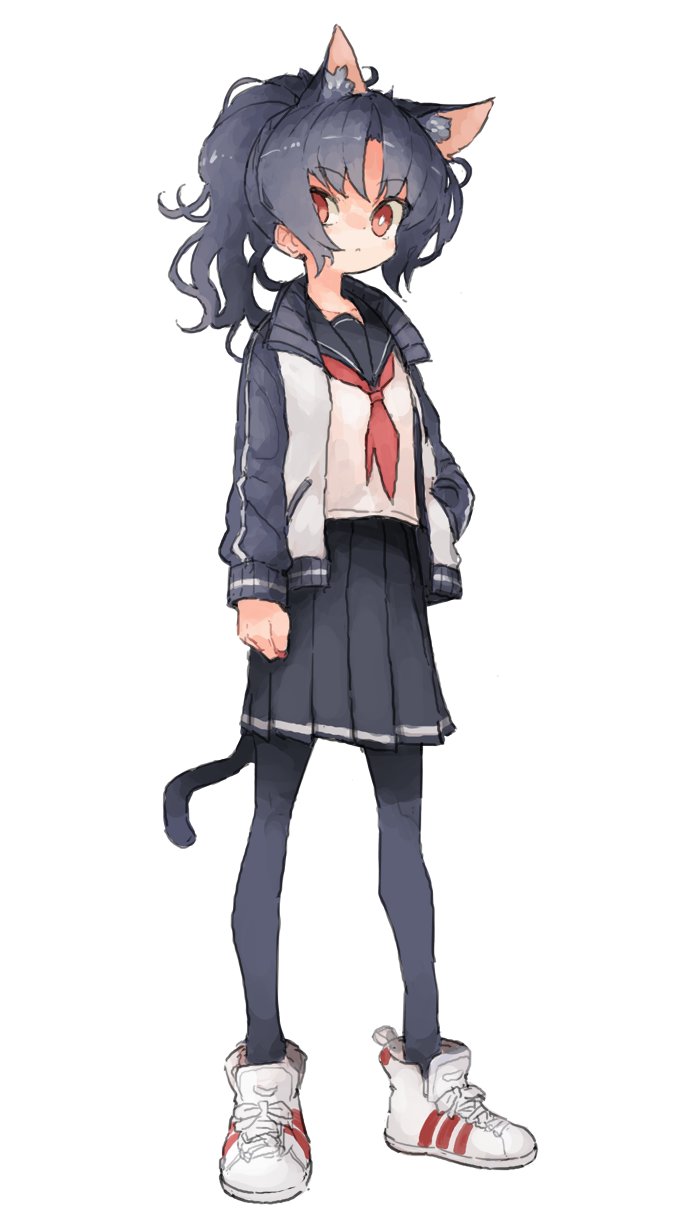 1girl animal_ears black_hair black_legwear cat_ears cat_tail hand_in_pocket highres jacket kasa letterman_jacket original pantyhose pleated_skirt ponytail red_eyes shoes skirt sneakers solo standing tail white_background white_footwear