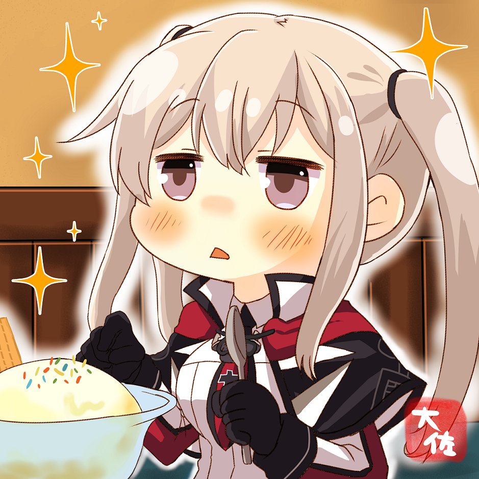 1girl artist_name bangs black_gloves blonde_hair blush capelet chibi commentary_request eyebrows_visible_through_hair food gloves graf_zeppelin_(kantai_collection) grey_eyes hair_between_eyes holding holding_spoon ice_cream kantai_collection long_hair military military_uniform no_hat no_headwear open_mouth revision sidelocks solo sparkle spoon taisa_(kari) triangle_mouth twintails uniform