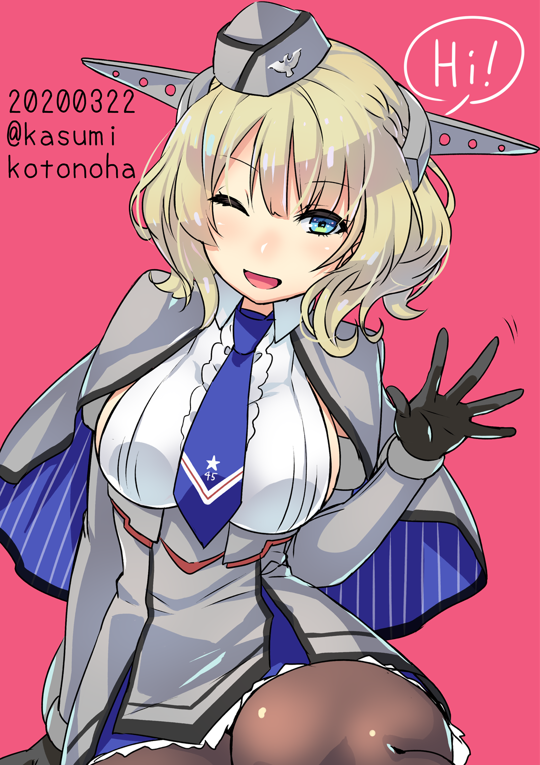 1girl black_gloves black_legwear blonde_hair blue_eyes blue_neckwear breasts capelet colorado_(kantai_collection) commentary_request cowboy_shot dated dress elbow_gloves garrison_cap gloves grey_capelet grey_dress grey_headwear hat headgear highres kantai_collection kotonoha_kasumi large_breasts looking_at_viewer necktie pantyhose pink_background pleated_dress shirt short_hair side_braids sideboob simple_background sleeveless solo twitter_username white_shirt