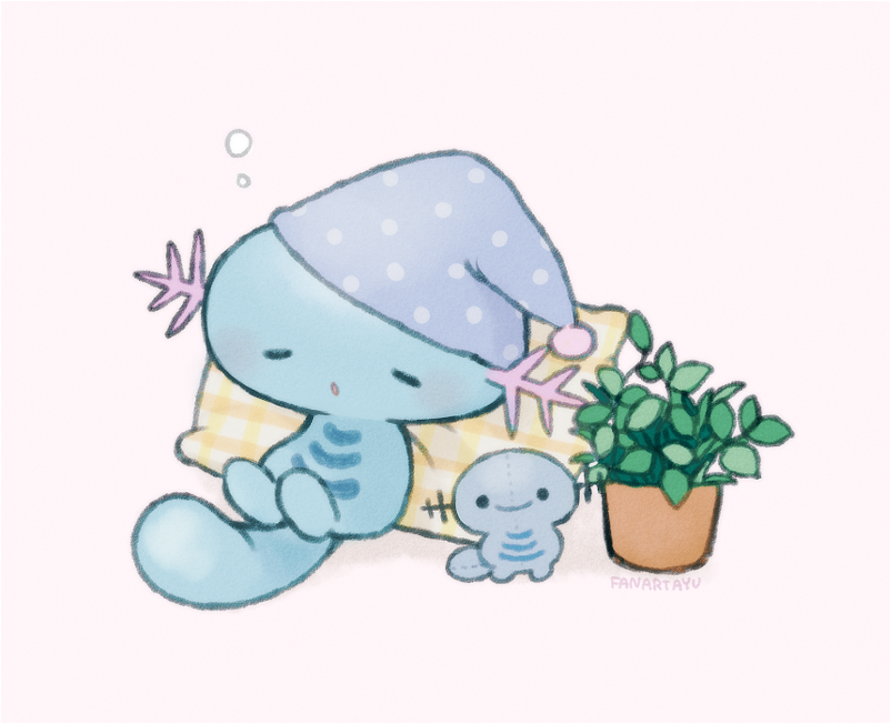 ._. ayu_(mog) closed_eyes closed_mouth creature facing_viewer full_body gen_2_pokemon hat horns looking_at_viewer nightcap no_humans pillow plant pokemon pokemon_(creature) simple_background sitting sleeping smile standing white_background wooper