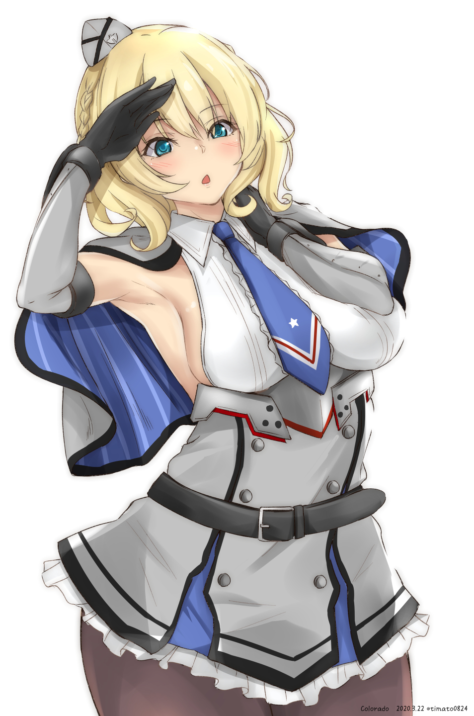 1girl black_gloves blonde_hair blue_eyes blue_neckwear blush breasts capelet colorado_(kantai_collection) dress elbow_gloves garrison_cap gloves grey_dress grey_headwear hair_ornament hat highres kantai_collection large_breasts looking_at_viewer necktie open_mouth pleated_dress shirt short_hair side_braids sideboob skirt sleeveless solo timato white_shirt