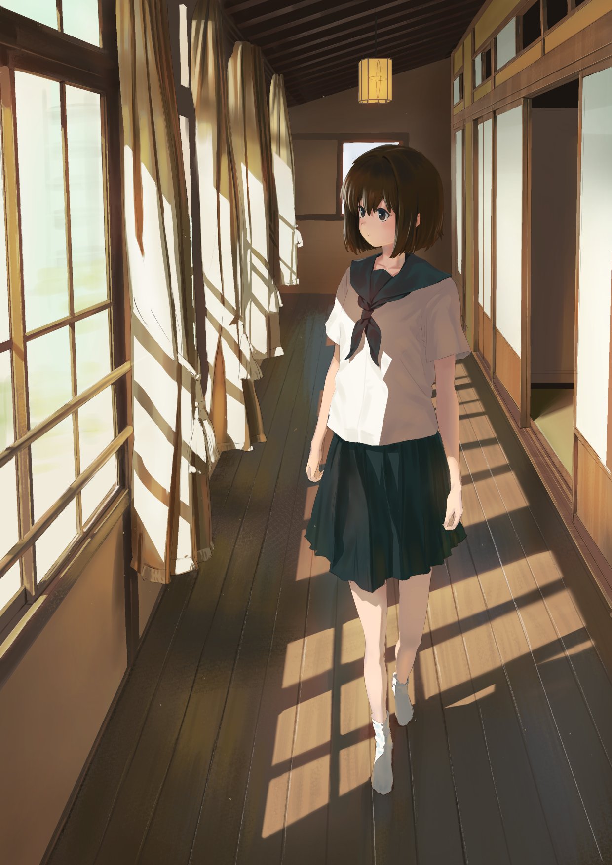 1girl bob_cut brown_eyes brown_hair ceiling_light closed_mouth copyright_request green_sailor_collar green_skirt grey_neckwear highres indoors lantern neckerchief original sailor_collar school_uniform serafuku skirt socks solo standing tatami walking wasabi60 white_footwear window wooden_floor