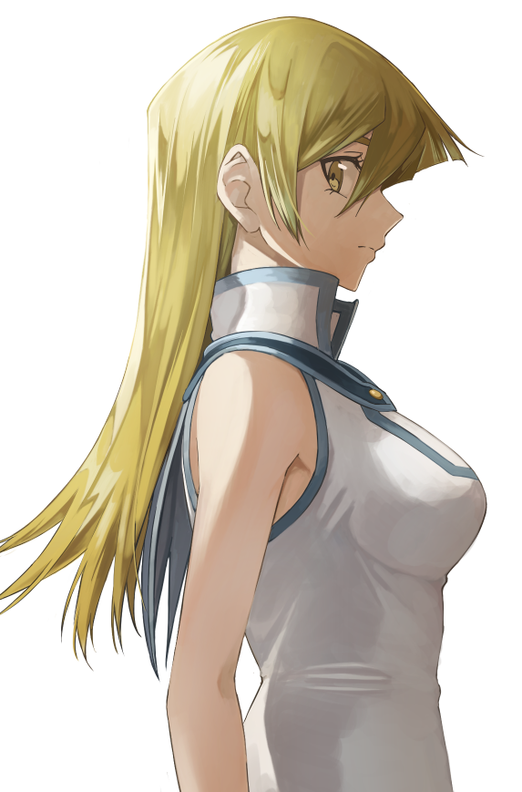 1girl blonde_hair breasts closed_mouth hair_between_eyes long_hair looking_at_viewer looking_to_the_side medium_breasts profile rourou_ill shiny shiny_hair shirt simple_background sleeveless sleeveless_shirt smile solo straight_hair tenjouin_asuka upper_body white_background white_shirt yellow_eyes yuu-gi-ou yuu-gi-ou_gx